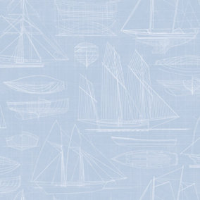 Galerie Deauville 2 Sky Blue White Nautical Blueprint Smooth Wallpaper