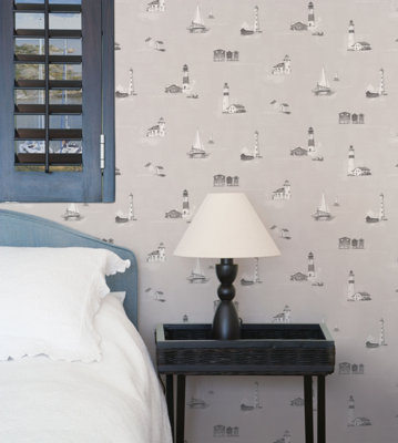 Galerie Deauville 2 Taupe Beige White Beach Huts Smooth Wallpaper