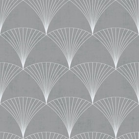 Galerie Design Grey Silver Art Deco Fan Smooth Wallpaper