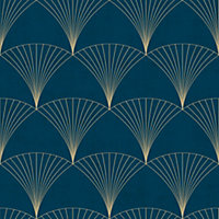 Galerie Design Navy Blue Gold Art Deco Fan Smooth Wallpaper