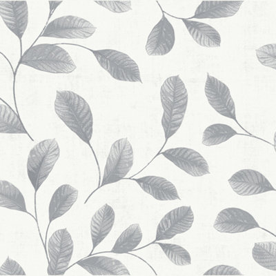 Galerie Design White Grey Leaves Smooth Wallpaper | DIY at B&Q