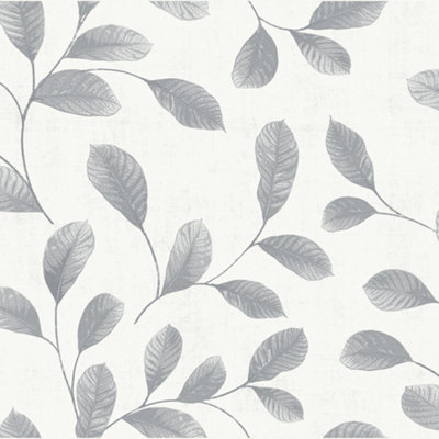 Galerie Design White Grey Leaves Smooth Wallpaper DIY at B&Q
