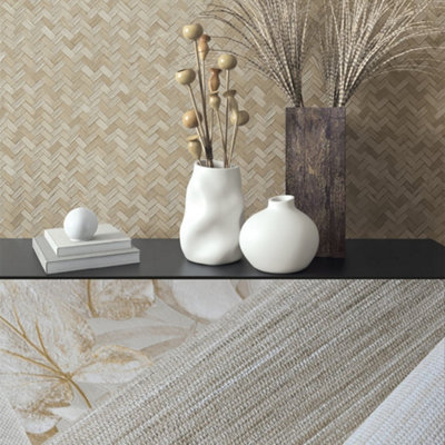 Galerie Eden Collection Beige Rattan Chevron Effect Wallpaper Roll