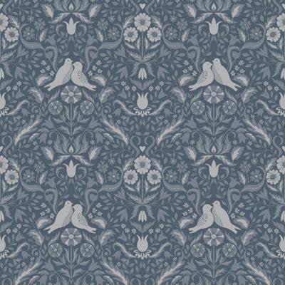 Galerie Ekback Collection Blue Niki Floral Damask Birds Wallpaper Roll