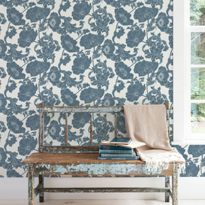Galerie Ekbacka Collection Blue Papaver Large Floral Trail Wallpaper Roll