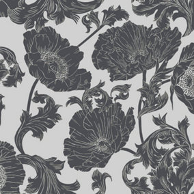 Galerie Ekbacka Collection Monochrome Papaver Large Floral Trail Wallpaper Roll