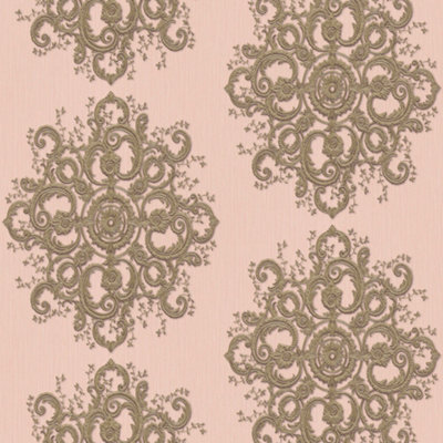 Galerie Elle Decoration Blush Pink Gold Baroque Damask Embossed Wallpaper