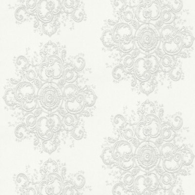 Galerie Elle Decoration Cream Light Silver Baroque Damask Embossed Wallpaper