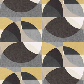 Galerie Elle Decoration Gold Mustard Grey Cream Geometric Circle Graphic Embossed Wallpaper