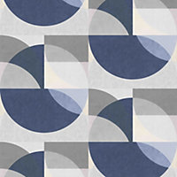 Galerie Elle Decoration Grey Blue Geometric Circle Graphic Embossed Wallpaper