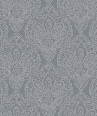 Galerie Emporium Grey Silver Mehndi Damask Embossed Wallpaper