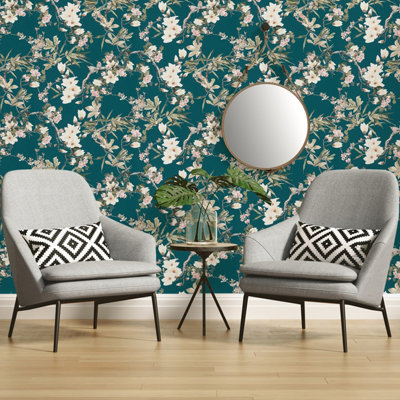 Galerie Escape Cream, Beige, Green, Pink, Brown, Black, Grey, Teal Apple Blossom Tree Smooth Wallpaper