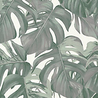 Galerie Escape Cream, Green, Grey Leaf Trail Smooth Wallpaper