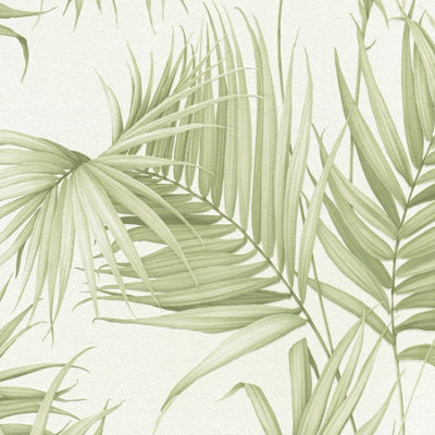 Galerie Escape Green, White Palm Leaves Smooth Wallpaper | DIY at B&Q