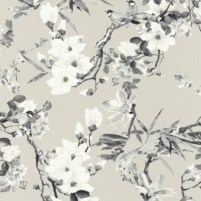 Galerie Escape White, Beige, Grey, Black Apple Blossom Tree Smooth Wallpaper