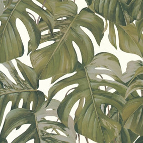 Galerie Escape White, Brown, Green Leaf Trail Smooth Wallpaper