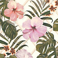 Galerie Escape White, Cream, Green, Pink, Purple, Orange, Taupe Tropical Hibiscus Smooth Wallpaper