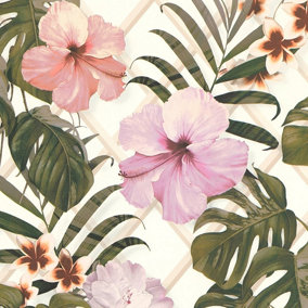 Galerie Escape White, Cream, Green, Pink, Purple, Orange, Taupe Tropical Hibiscus Smooth Wallpaper
