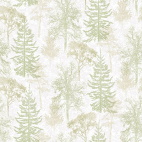 Galerie Evergreen Green Beige Mica Trees Smooth Wallpaper