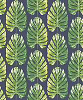 Galerie Evergreen Green Navy Leaf Stripe Smooth Wallpaper