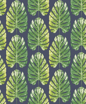 Galerie Evergreen Green Navy Leaf Stripe Smooth Wallpaper