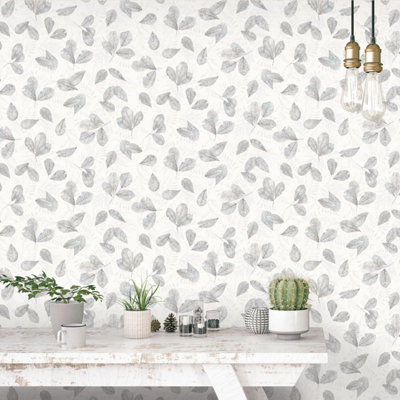Galerie Evergreen Grey Fossil Leaf Toss Smooth Wallpaper
