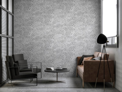 Galerie Feel Grey Metallic Seashell Leaf Wallpaper Roll