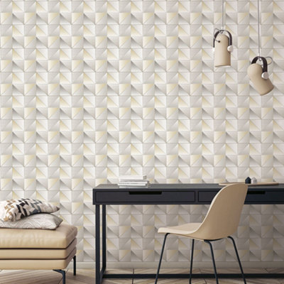 Galerie Geometrix Cream Silver Cubist Smooth Wallpaper