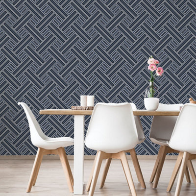 Galerie Geometrix Navy Black Silver Geo Rectangular Smooth Wallpaper