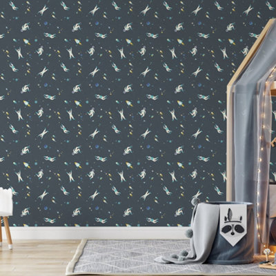 Galerie Great Kids Space Blue Smooth Glitter Super Space Wallpaper Roll