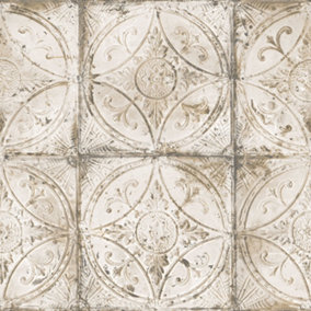Galerie Grunge Beige Ornate Tile Smooth Wallpaper