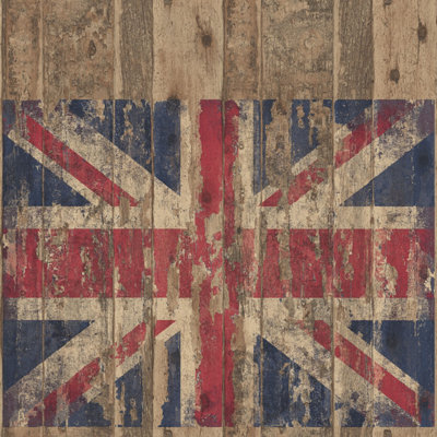 Galerie Grunge Brown Red Blue Union Jack Wood Panel Smooth Wallpaper