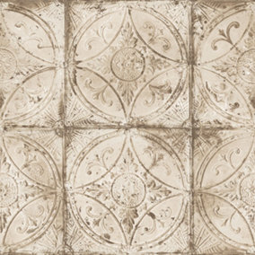 Galerie Grunge Cream Brown Ornate Tile Smooth Wallpaper