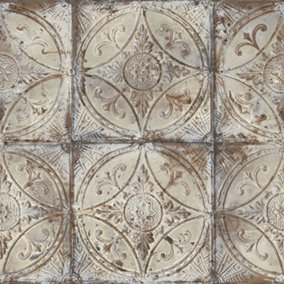 Galerie Grunge Cream Grey Bronze Ornate Tile Smooth Wallpaper