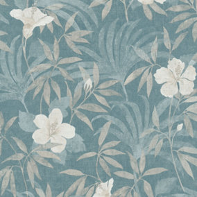 Galerie Havana Blue Beige Floral Textured Wallpaper
