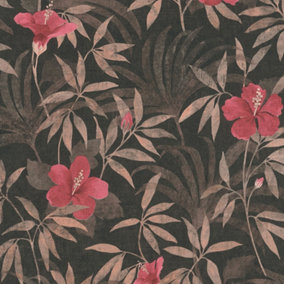 Galerie Havana Brown Red Floral Textured Wallpaper