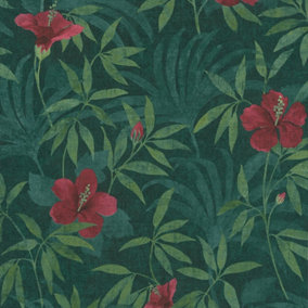 Galerie Havana Green Red Floral Textured Wallpaper