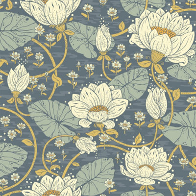 Galerie Hjarterum Collection Dark Green Eva Water Lillies Wallpaper Roll