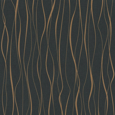 Galerie Home Collection Black/Gold Metallic Geometric Wave Lines Wallpaper Roll