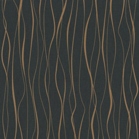 Galerie Home Collection Black/Gold Metallic Geometric Wave Lines Wallpaper Roll