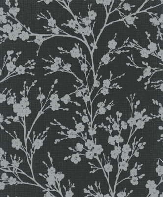 Galerie Home Collection Black/Silver Metallic Floral Trail Wallpaper Roll