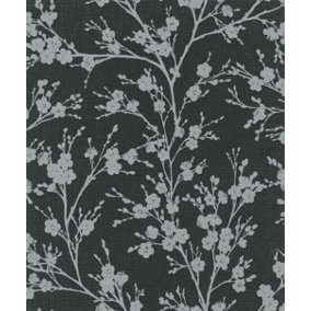 Galerie Home Collection Black/Silver Metallic Floral Trail Wallpaper Roll