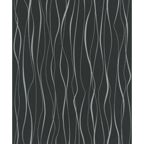Galerie Home Collection Black/Silver Metallic Geometric Wave Lines Wallpaper Roll
