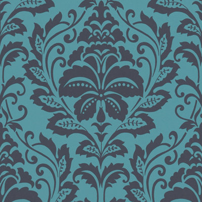 Galerie Home Collection Blue/Black Metallic Damask Motif Wallpaper Roll