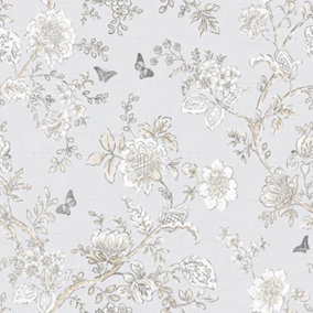 Galerie Homestyle Beige Brown Grey Butterfly Toile Smooth Wallpaper