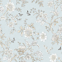 Galerie Homestyle Blue Beige Brown Butterfly Toile Smooth Wallpaper