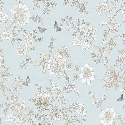 Galerie Homestyle Blue Beige Brown Butterfly Toile Smooth Wallpaper