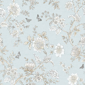 Galerie Homestyle Blue Beige Brown Butterfly Toile Smooth Wallpaper