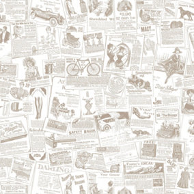Galerie Homestyle White Beige Antique Newsprint Smooth Wallpaper