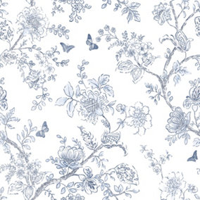 Galerie Homestyle White Blue Butterfly Toile Smooth Wallpaper